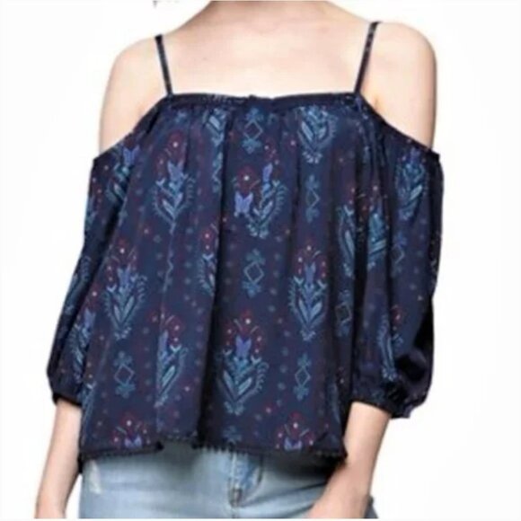 House of Harlow 1960 Navy Geo Print Cold Shoulder Puff Sleeve Top Blouse Medium - Picture 2 of 11